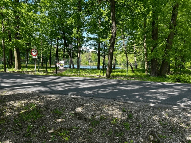 Droga asfaltowa przebiegająca przez zalesiony teren, w tle widoczne drzewa i fragment zbiornika wodnego.