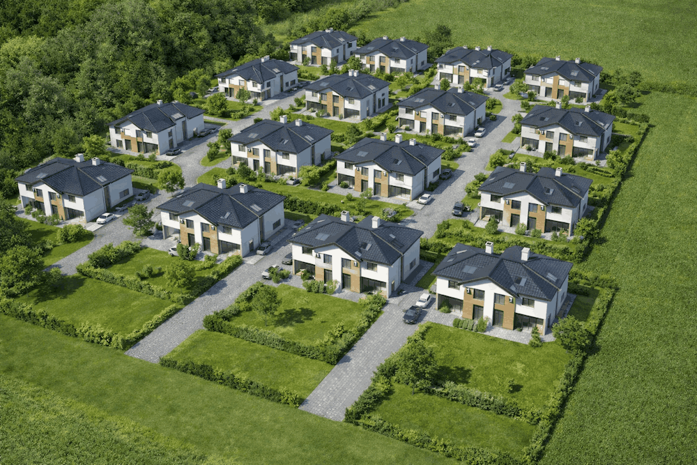 Wizualizacja osiedla budynków mieszkalnych zlokalizowanych wśród zieleni, widok z lotu ptaka.